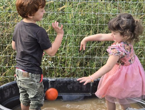 Sephira and kid playing in thw water tub